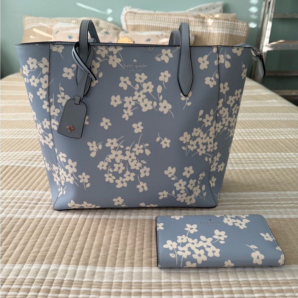 Kate Spade Light Blue Floral Tote with Wallet set